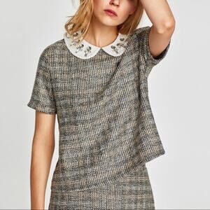 NWT Zara Tweed Plaid Jewel Embellished Peter Pan Collar Top.